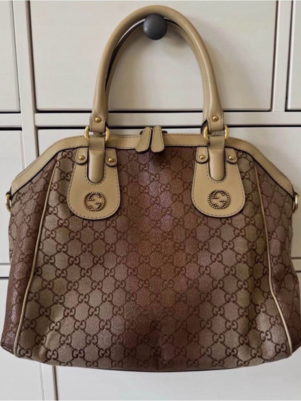 Gucci Beige Trim Brown GG Monogram Satchel